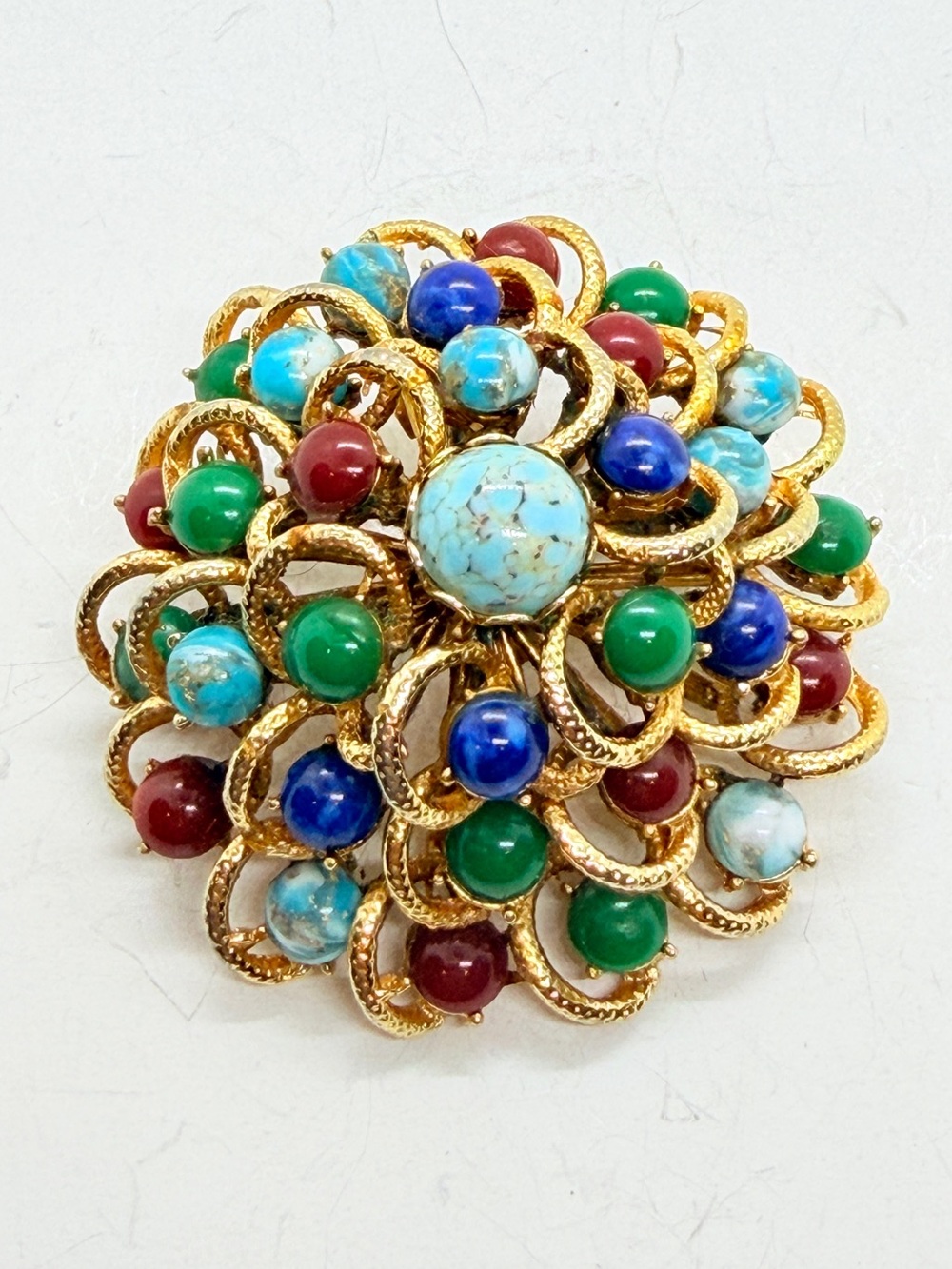 Vintage 50s MCM Statement Faux Gemstones Turquoise Beijing Glass Brooch Pin‎
